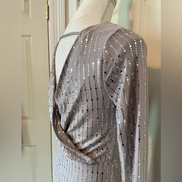Crystal Sky Gray Metallic Style Long Sleeve Open Back Dress Women’s Small NWT - Picture 16 of 16